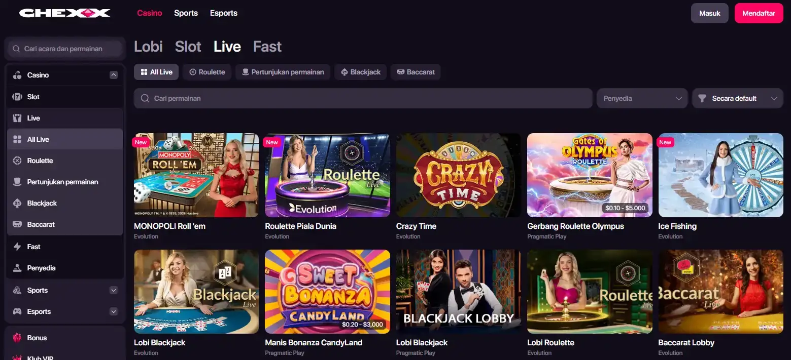 Tampilan aktual lobby Live Casino CHEXX