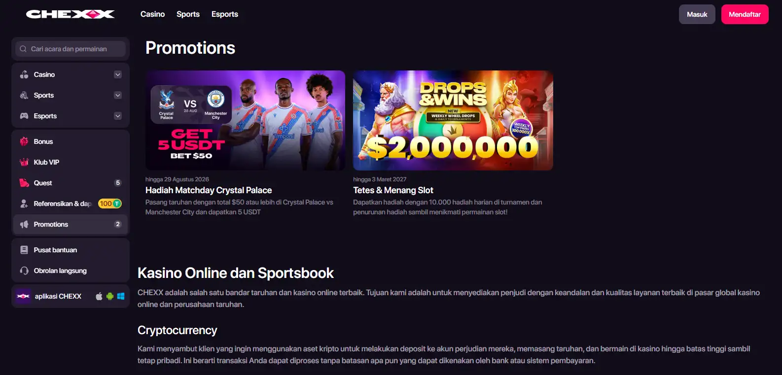 Tampilan aktual daftar promosi CHEXX