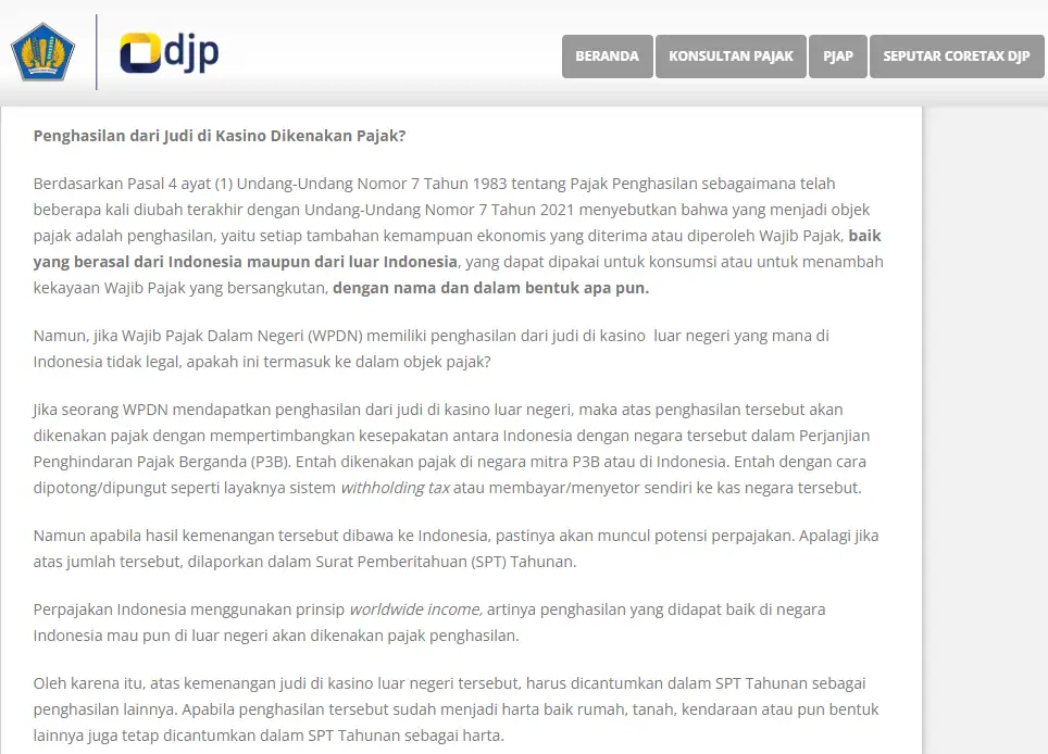 Tampilan aktual artikel DJP tentang pajak atas kemenangan kasino luar negeri