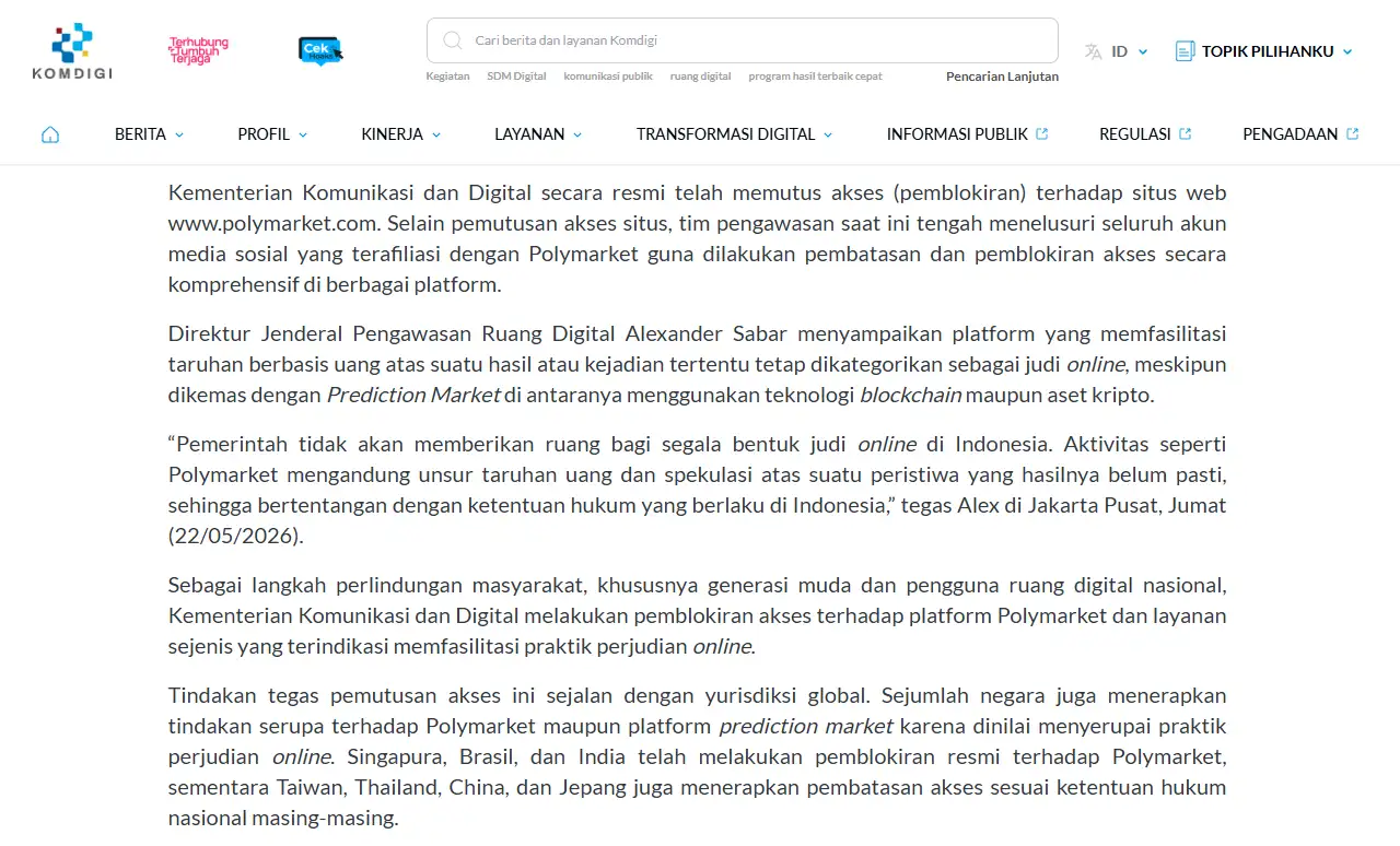 Tampilan aktual siaran pers resmi Komdigi tentang pemblokiran platform judi online