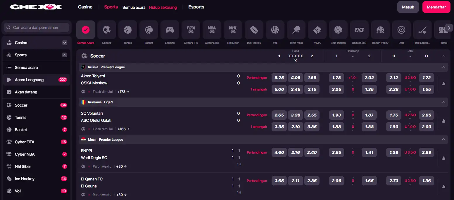 Tampilan aktual antarmuka Sportsbook dan Esports CHEXX