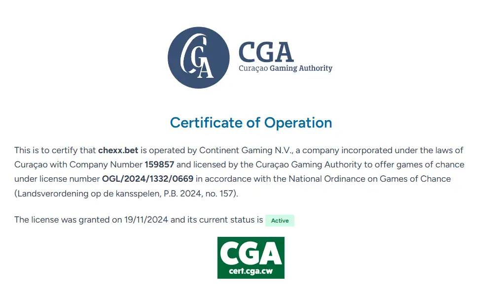 Tampilan aktual sertifikat operasi CHEXX dari Curaçao Gaming Authority
